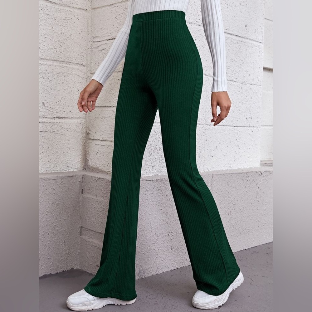 LESET Forest Green Ribbed Flare Pants Size M